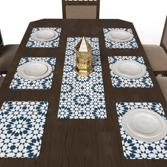 Topaz 7-Piece Dining Set, includes 6 multicolor canvas placemats (45x30 cm) and 1 runner (35x140 cm), with a traditional Islamic pattern to protect your table and create a festive mood