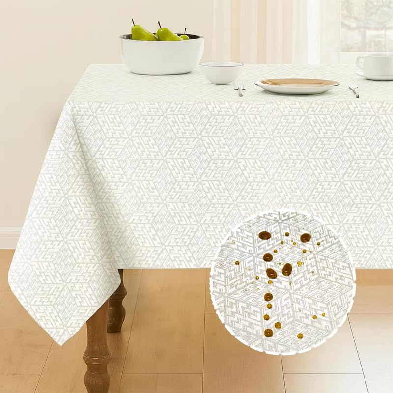 INtex Home Waterproof Tablecloth, Daniella Geometric Pattern Rectangle Table Cover, Stain Resistant Wipeable Fabric for Kitchen Dining Table, 1 Piece - Geometric Maze - Off-White - 200 x 270 cm