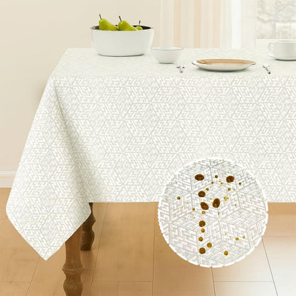 INtex Home Waterproof Tablecloth, Daniella Geometric Pattern Rectangle Table Cover, Stain Resistant Wipeable Fabric for Kitchen Dining Table, 1 Piece - Geometric Maze - Off-White - 200 x 270 cm