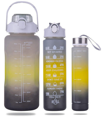 HUBTURE Set of 3 Water Bottle with Motivational Time Marker, Leakproof Durable Non-Toxic Sipper Water bottle for office, School Gallon Water bottle for gym (Black Yellow Grey, Plastic)