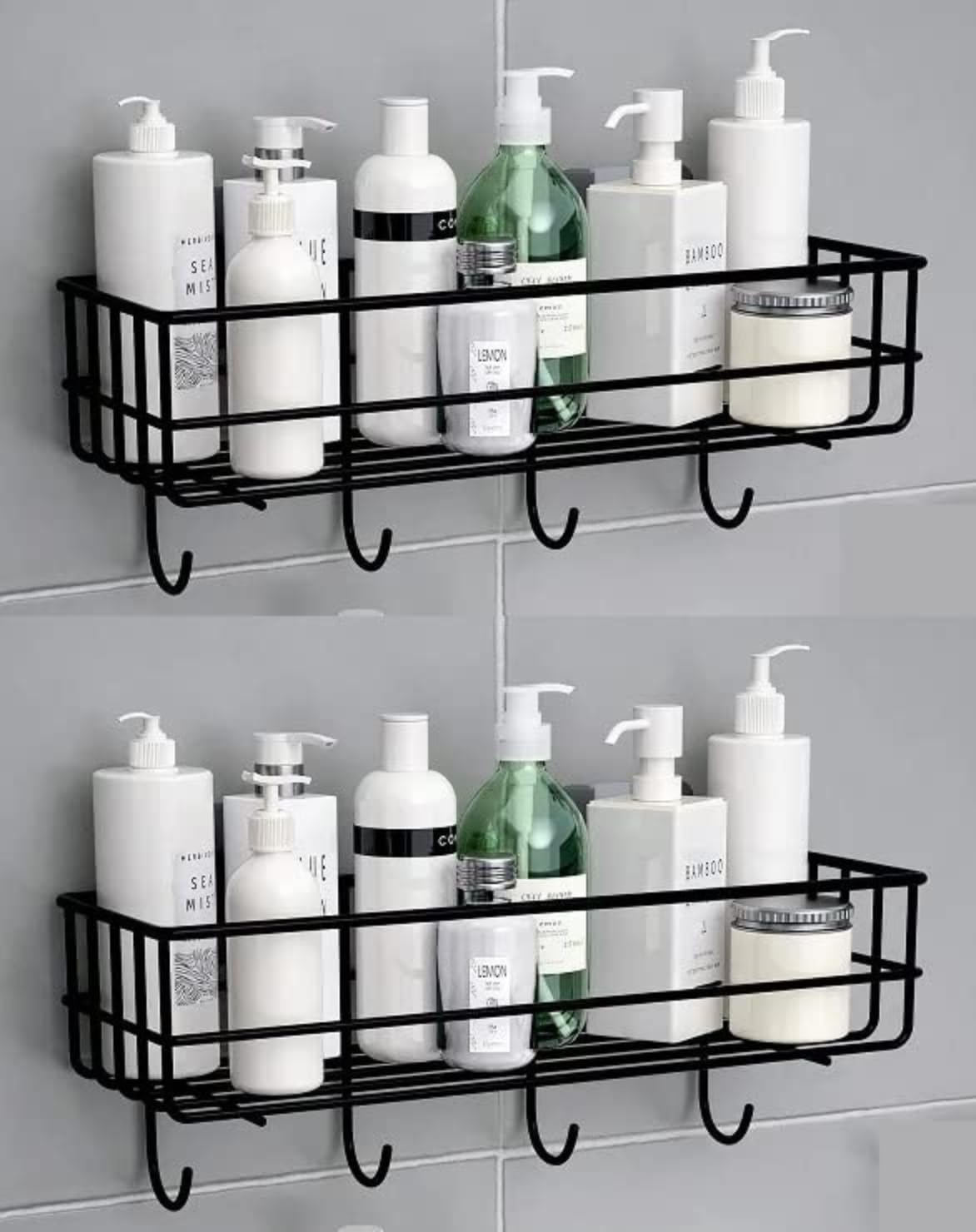 BR BLUEROCKS - BECAUSE QUALITY MATTERS Bathroom Rack Bathroom Shelves Kitchen Storage – Self Adhesive Bathroom Shelf and Shampoo Holder with 4 Hook Adhesive Shower Caddy Metal Shelf (Pack of 2)
