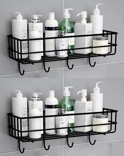 BR BLUEROCKS - BECAUSE QUALITY MATTERS Bathroom Rack Bathroom Shelves Kitchen Storage – Self Adhesive Bathroom Shelf and Shampoo Holder with 4 Hook Adhesive Shower Caddy Metal Shelf (Pack of 2)
