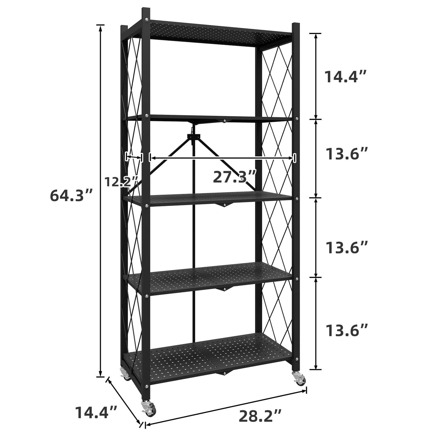 WHIFEA 5 Tier Foldable No Assembly Storage Shelves with Wheels 28.3’’15’’63.2’’ Free Standing Metal Wire Rack Heavy Duty Pantry Collapsible Organizer for Kitchen Bedroom Bathroom Office Black