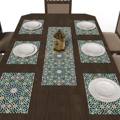 Ramadan's Unique Adden Velvet Runner in Green & Blue, a Rich 35x140 cm Decorative Centerpiece with a Garden-Inspired Islamic Pattern, bringing a sense of Paradise to your Ramadan Decor