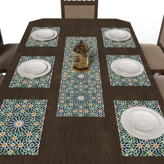Ramadan's Unique Adden Velvet Runner in Green & Blue, a Rich 35x140 cm Decorative Centerpiece with a Garden-Inspired Islamic Pattern, bringing a sense of Paradise to your Ramadan Decor