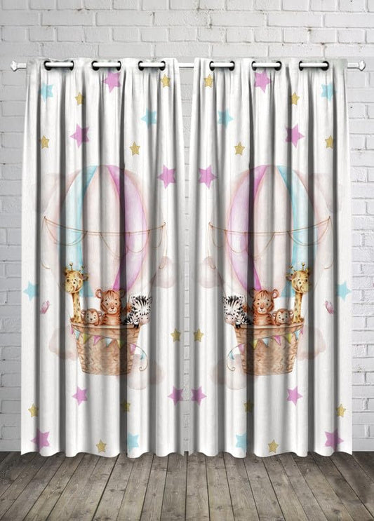 INtex CURTAINS Kids Room Balloons and Safari Animals Baby Girl Curtain -Linen Velvet Fabric -Privacy - Steel Grommets - 2 Pieces 135W x 240L CM