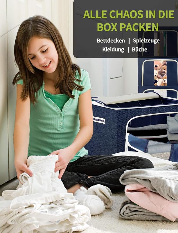 Clothes Storage Bag, 100L Foldable Organizer Bins with Sturdy Frame, Durable Oxford Fabric, Clear Window, Closet Storage for Bedroom, Blue