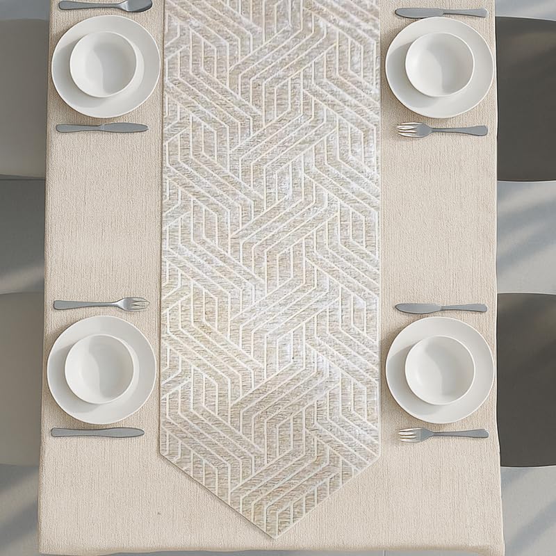 INtex Home Table Runner with V-Shaped End, Nadia’s Geometric Design in Heavy Duty Velvet Linen Fabric, Reception Living Room or Special Occasions, 1 Pc - 45 x 160 cm - Café