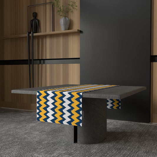 June Zigzag Velvet Table Runner, a Plush Multicolor 35x140 cm Decorative Centerpiece with a Chic and Lively Chevron Design, combines a Classic Pattern with a Luxurious Feel
