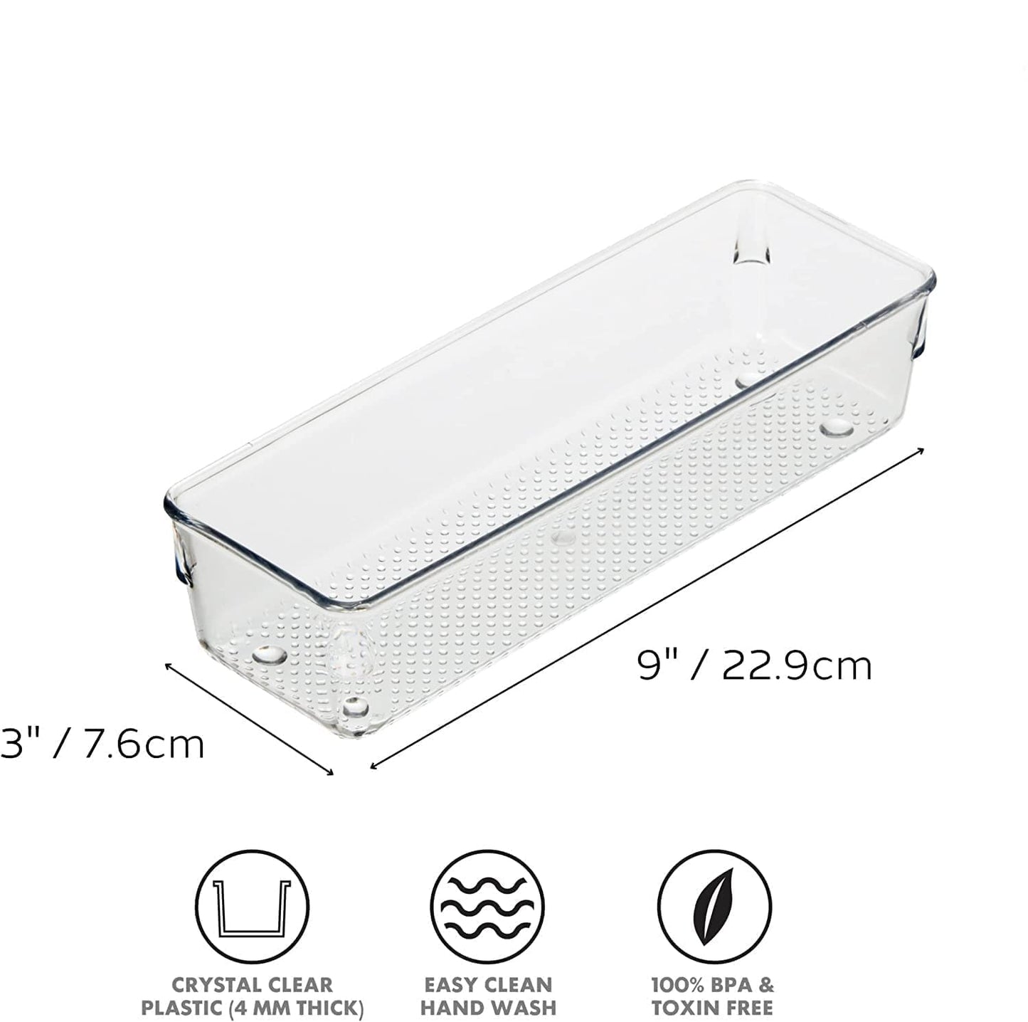 Xpandio Clear Plastic Drawer Organizers Set, Versatile Bathroom and Vanity Drawer Organizer Trays, Storage Bins for Makeup, Bedroom, Kitchen Gadgets Utensils and Office (4 PC LONG LARGE)