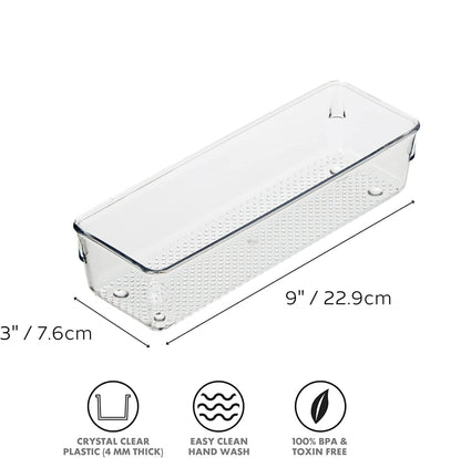 Xpandio Clear Plastic Drawer Organizers Set, Versatile Bathroom and Vanity Drawer Organizer Trays, Storage Bins for Makeup, Bedroom, Kitchen Gadgets Utensils and Office (4 PC LONG LARGE)