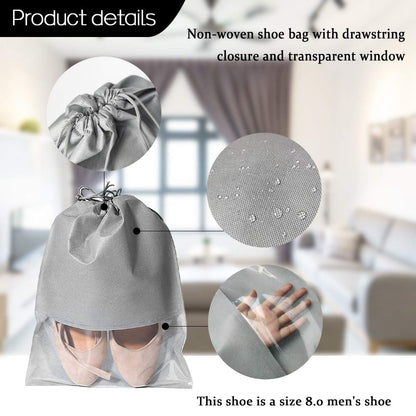 20 Pcs Large Travel Shoe Bags, Portable Dustproof Waterproof Drawstring Shrinkable Closure Non-Woven Shoe Storage Bags for Men's Shoes Women's Shoes and Children Shoes, Gray, L