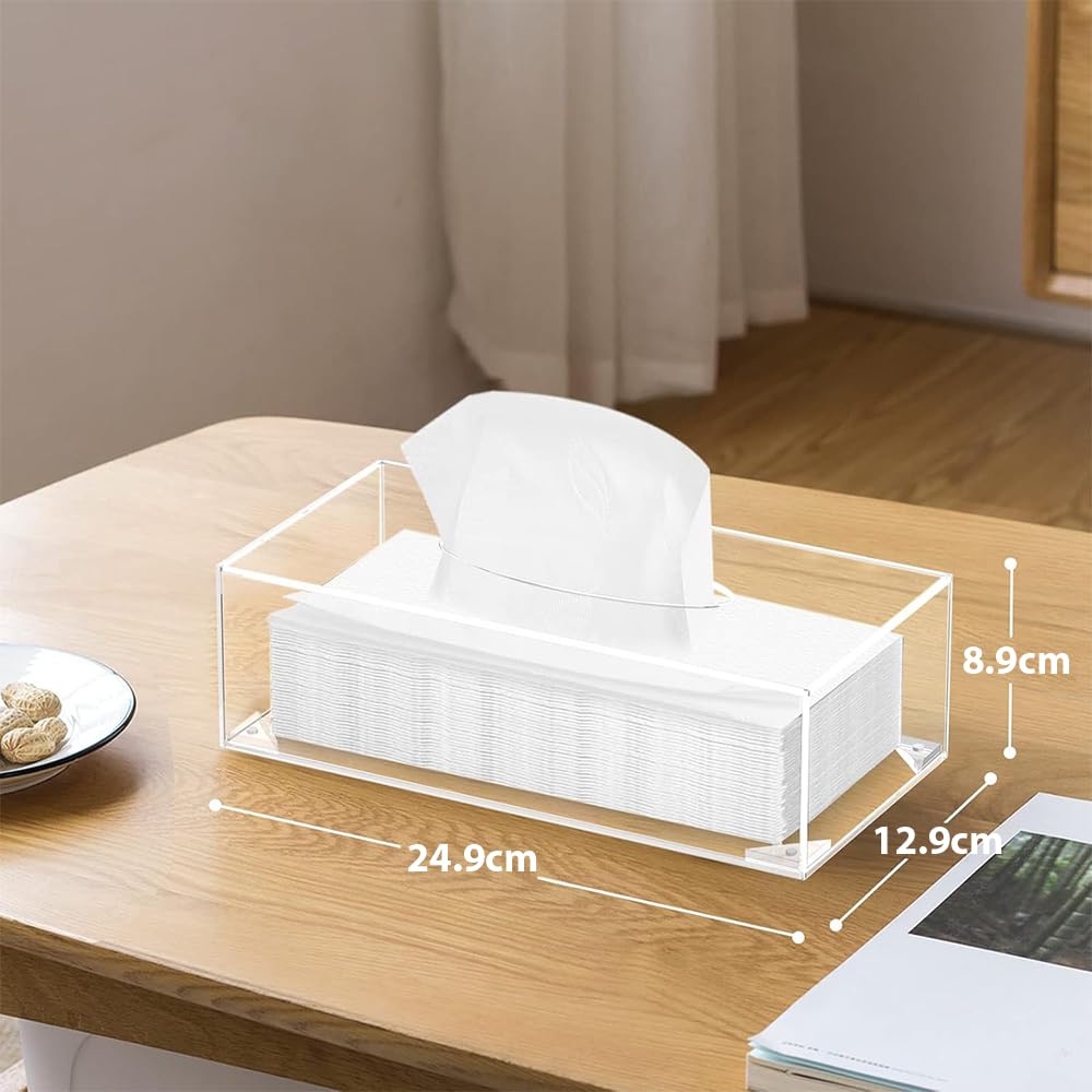 Acrylic Facial Tissue Dispenser Box, Refillable Clear Tissue Box Cover with Magnetic Closure, Modern Napkin Organizer for Bathroom, Kitchen, Office and Room Décor, Rectangle, Clear