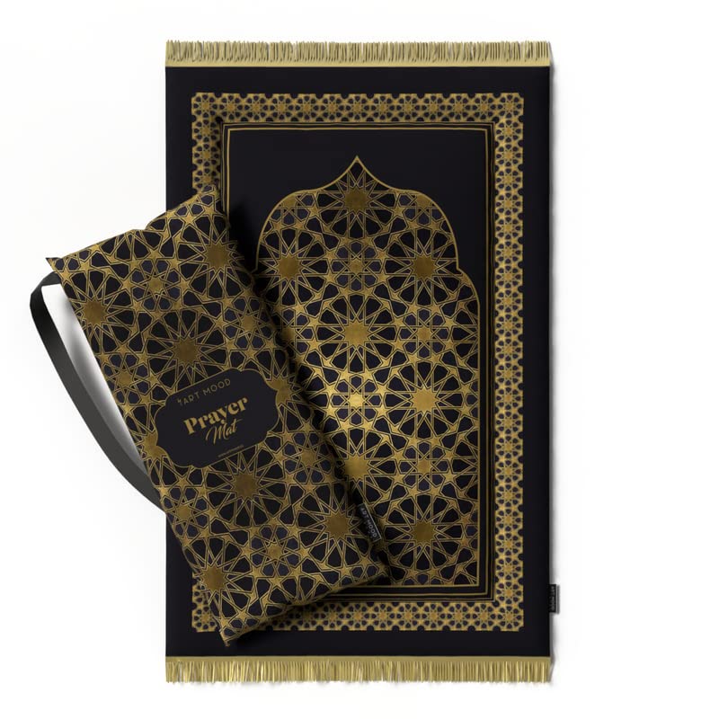 Opulent Velvet Padded Prayer Rug in Gold and Black, 68x117 cm, a premium soft mat with generous cushioning for ultimate comfort and support during your daily prayers at home