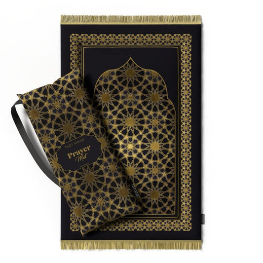 Opulent Velvet Padded Prayer Rug in Gold and Black, 68x117 cm, a premium soft mat with generous cushioning for ultimate comfort and support during your daily prayers at home