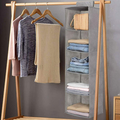 5-Shelf Hanging Closet Organizer, Foldable Cupboard Storage with Easy Fastening Strap, Space-Saving Clothes & Shoe Rack, Grey, 30x30x100 cm