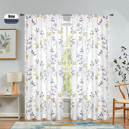 Natural Linen  Printed Floral Curtain - Steel grommets