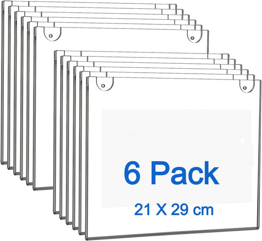 Clear Acrylic Sign Holder (6 Pack), A4 Wall Mount Picture Frames with Screws for Office, Display Documents, Certificates, or Posters, Durable & Elegant Design