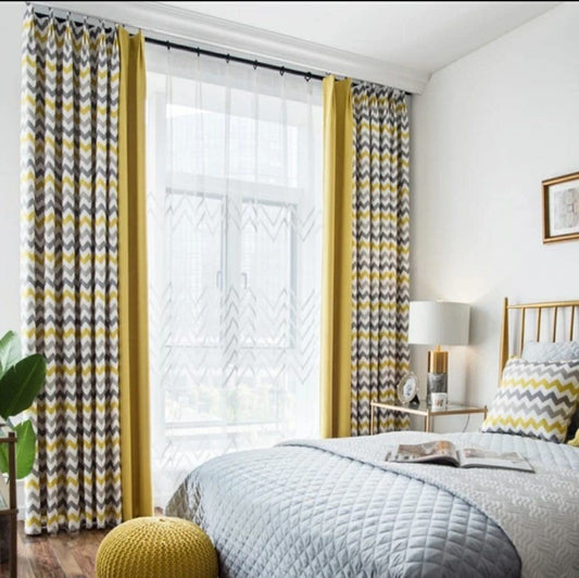 Luxury velvet curtains - Modern Design - Striped zig zag Yellow and Grey with plain velvet yellows 2 panels - Steel Grommets