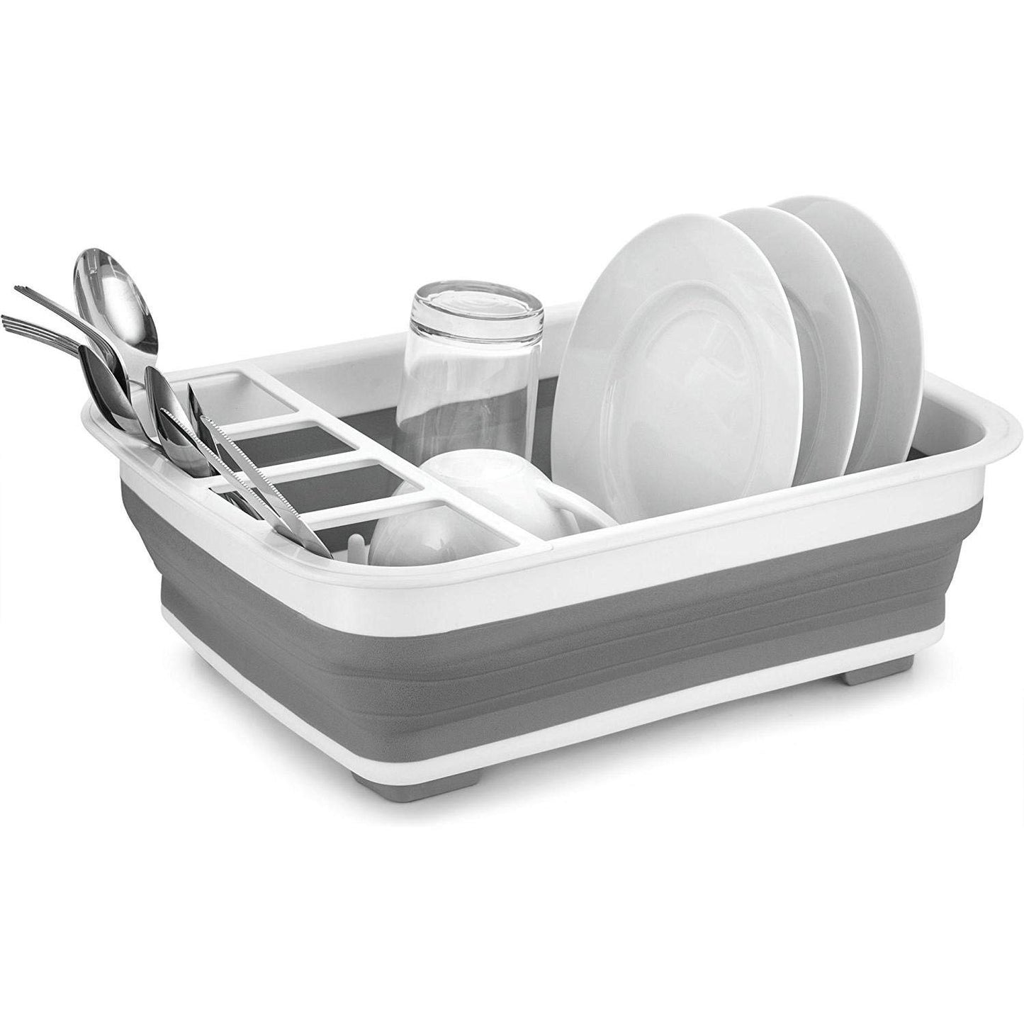 Collapsible Dish Rack Drainer with Cutlery Holder BPA Free Dishwasher Safe Easy Storage Space Saving for Home Kitchen Grey