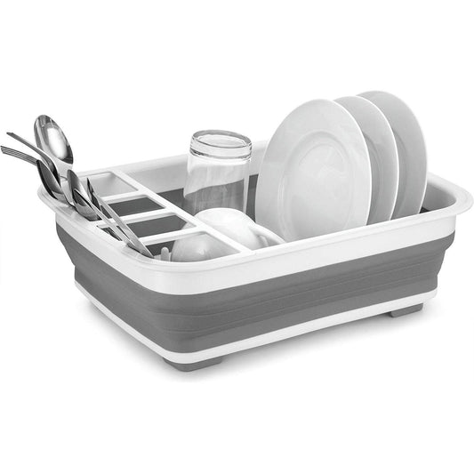 Collapsible Dish Rack Drainer with Cutlery Holder BPA Free Dishwasher Safe Easy Storage Space Saving for Home Kitchen Grey