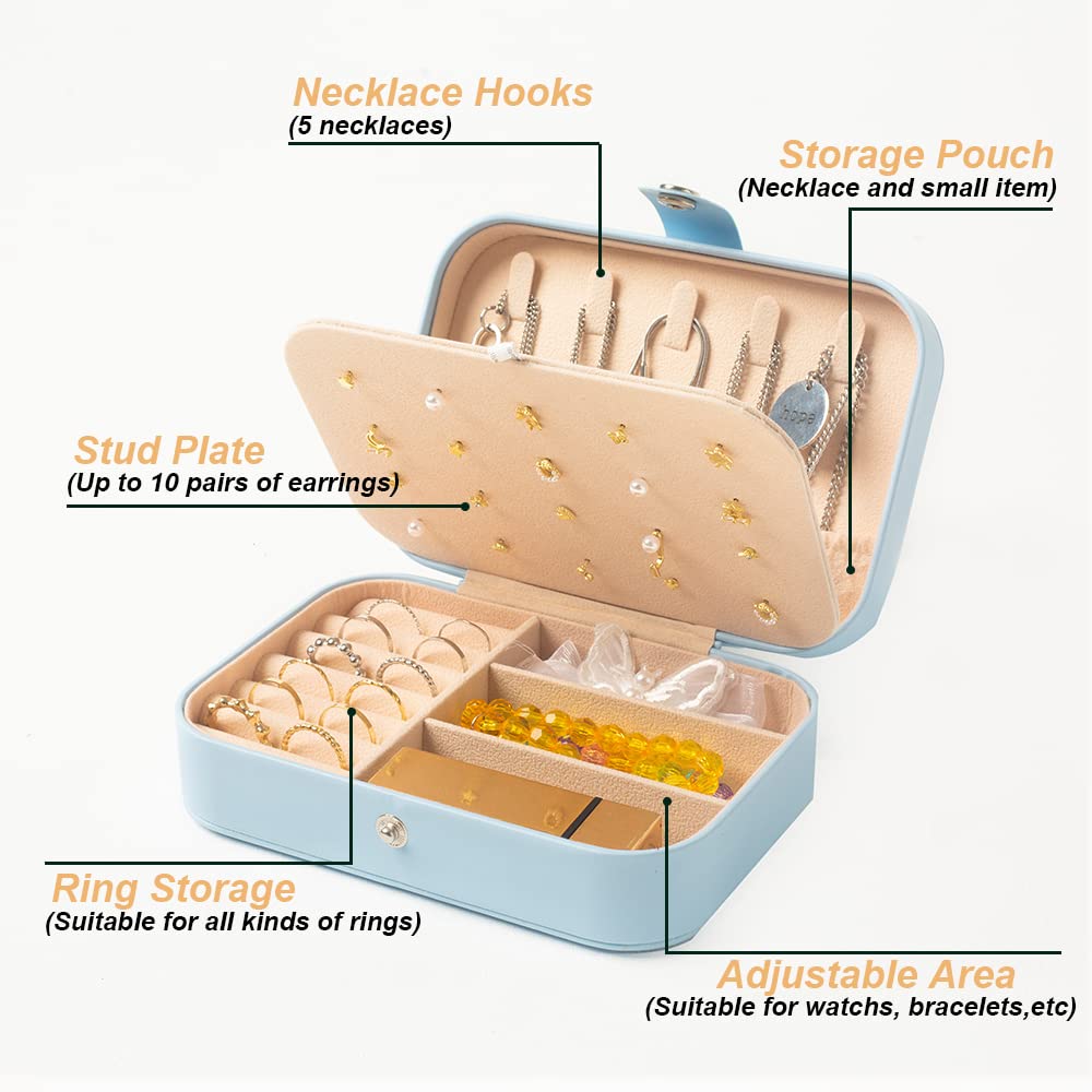 Small Travel Jewellery Box With Adjustable Compartments, Portable Organizer for Rings, Necklaces, Earrings, and Bracelets, Light Blue, 16 x 11 x 5 cm