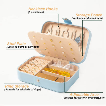 Small Travel Jewellery Box With Adjustable Compartments, Portable Organizer for Rings, Necklaces, Earrings, and Bracelets, Light Blue, 16 x 11 x 5 cm