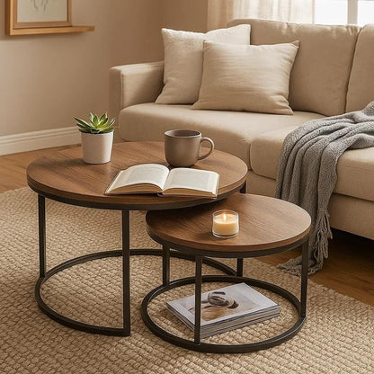 Modern Nesting Coffee Table Set of 2, Round Industrial Wood and Metal Accent Tables, 65x65x45 cm, Stackable Design for Living Room, Powder-Coated Steel Frame, Space-Saving Stylish Home Decor
