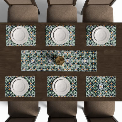 Ramadan's Unique Adden Velvet Runner in Green & Blue, a Rich 35x140 cm Decorative Centerpiece with a Garden-Inspired Islamic Pattern, bringing a sense of Paradise to your Ramadan Decor