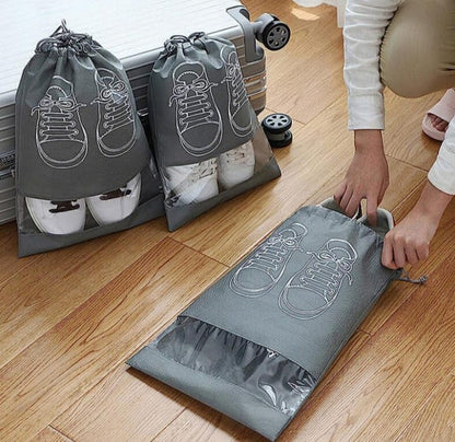 2 Gray Travel Shoe Bag, Waterproof Dustproof, Transparent Slot and Drawstring for Gym and Travel Use 2 Gray Travel Shoe Bag, Waterproof Dustproof, Clear Window and Drawstring for Gym and Travel.