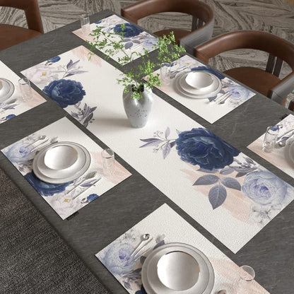 Bloom 7-Piece Dining Set, includes 6 Durable Canvas Placemats (45x30 cm) and 1 Table Runner (35x140 cm), Blue & White, with a Floral Design to Protect and Beautify your Table
