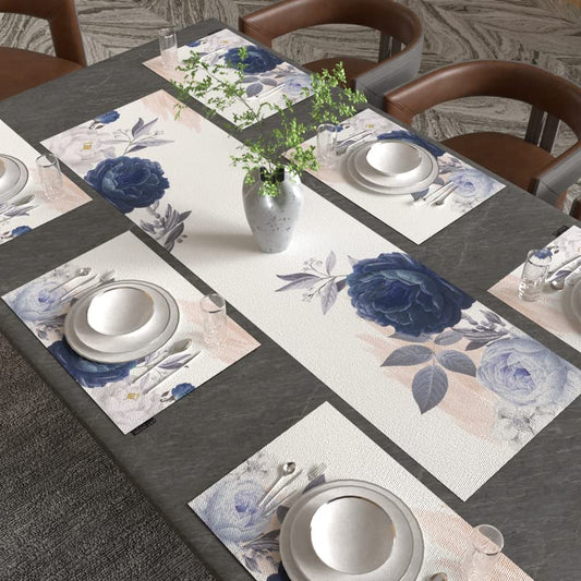 Bloom 7-Piece Dining Set, includes 6 Durable Canvas Placemats (45x30 cm) and 1 Table Runner (35x140 cm), Blue & White, with a Floral Design to Protect and Beautify your Table