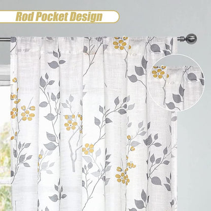 Rich Natural Linen curtains - Printed floral curtains- Semi-transparent - Road Pocket grommets for living room, bedroom, kitchens, 1 piece