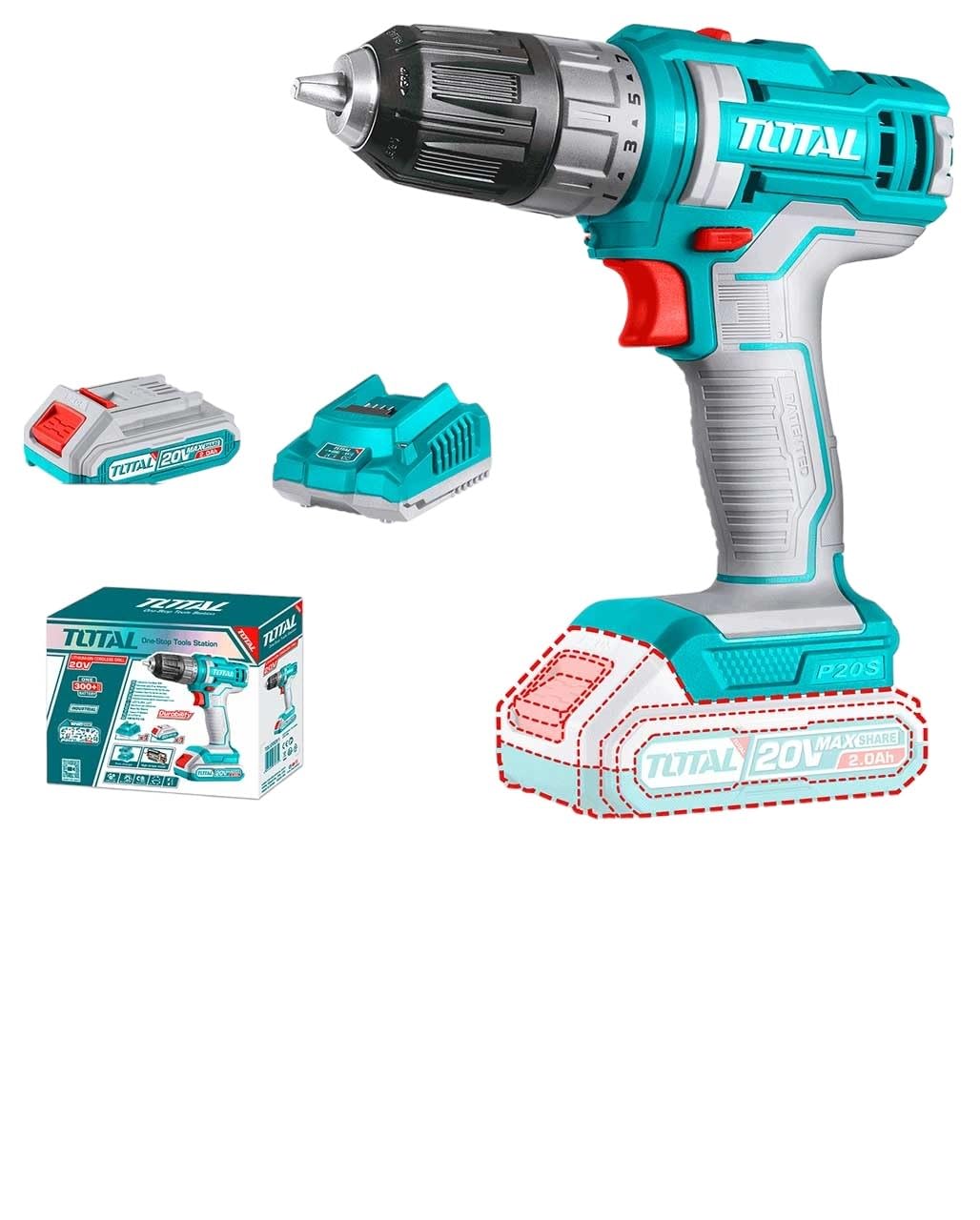 Total Lithium-Ion cordless drill 20V 2A Mechanical 2-speed gear 45NM Spindle lock function - TDLI200518