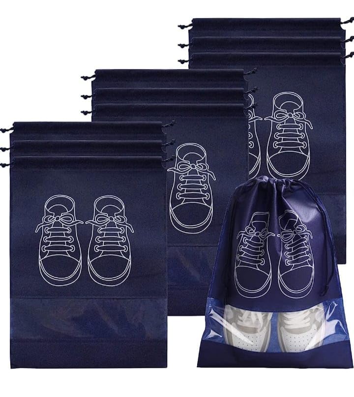 2 dark blue Travel Shoe Bag, Waterproof Dustproof, Transparent Slot and Drawstring for Gym and Travel Use 2 Blue Travel Shoe Bag, Waterproof Dustproof, Clear Window and Drawstring for Gym and Travel.