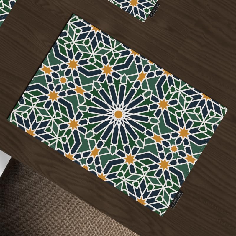 Ramadan's Unique Adden Velvet Runner in Green & Blue, a Rich 35x140 cm Decorative Centerpiece with a Garden-Inspired Islamic Pattern, bringing a sense of Paradise to your Ramadan Decor