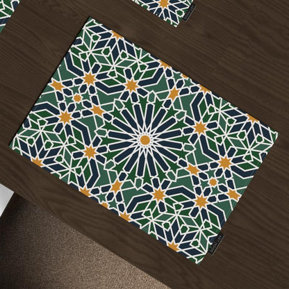 Ramadan's Unique Adden Velvet Runner in Green & Blue, a Rich 35x140 cm Decorative Centerpiece with a Garden-Inspired Islamic Pattern, bringing a sense of Paradise to your Ramadan Decor