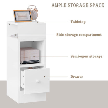 White Bedside Table, H 25 x W30 x W66 cm, TalLNightstand with 1 Drawer and 2 Open Compartments, Slim End Table for SmalLBedroom, NarroWStorage Unit