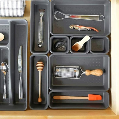 Plastic Divided Interlocking Cutlery Drawer Desk Organizer Kit With Multi Shapes Set Of 8 Pieces - Dark Grey