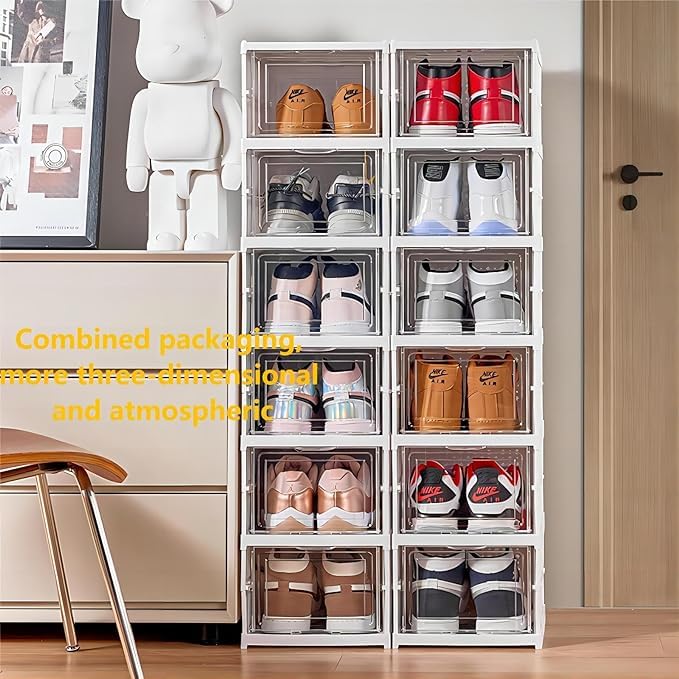 TAPIT Foldable Shoe Box Foldable Shoe Rack with Clear Door for Entryway Collapsible Storage Box Plastic Shoe Storage Cabinet Organizer Free Standing Shoes Container Dustproof (B-Foldable 6 Tiers)