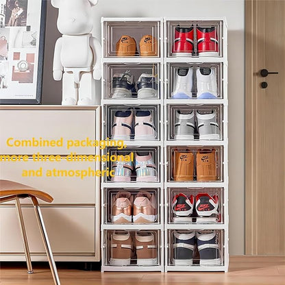 Foldable Shoe Box Foldable Shoe Rack with Clear Door for Entryway Collapsible Storage Box Plastic Shoe Storage Cabinet Organizer Free Standing Shoes Container Dustproof (B-Foldable 6 Tiers)