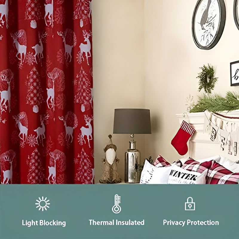INtex CURTAINS HOUSE Christmas Curtains – Deer & Snow Print Linen Velvet for Living Room & Bedroom - Winter Wonderland Home Decor - Steel Grommets - 1 Piece - 135W x 230L CM