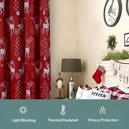 INtex CURTAINS HOUSE Christmas Curtains – Deer & Snow Print Linen Velvet for Living Room & Bedroom - Winter Wonderland Home Decor - Steel Grommets - 1 Piece - 135W x 230L CM
