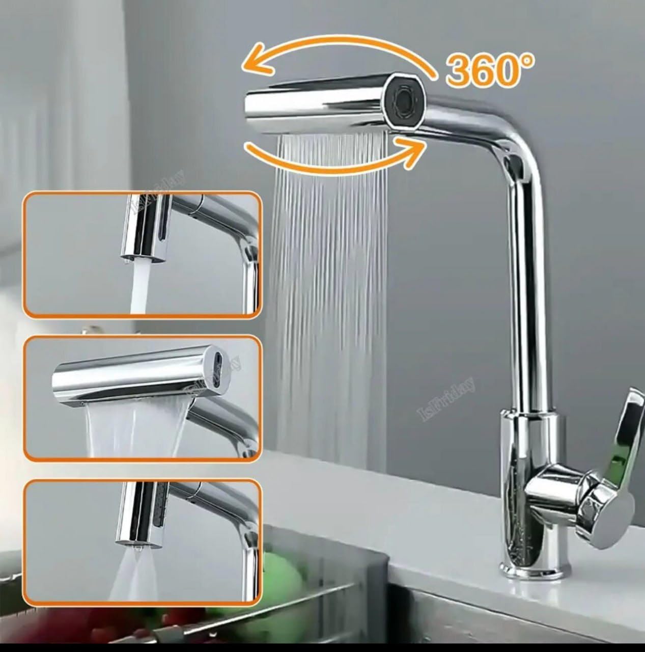 NAXUE Waterfall Kitchen Faucet | 3 in 1 360° Swivelling Pull Down Sprayer | Chrome Silver
