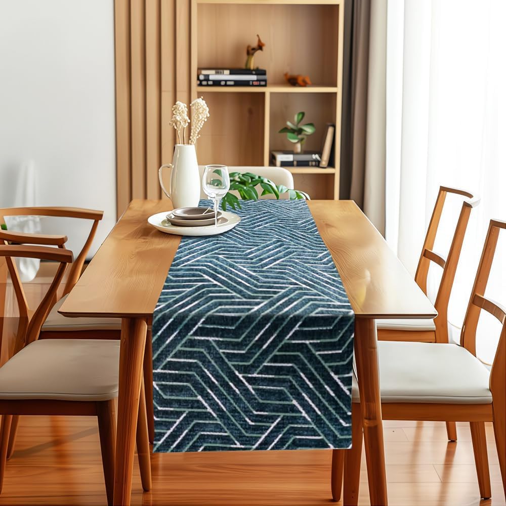 INtex Home Table Runner, Nadia’s Geometric Design in Heavy Duty Velvet Linen Fabric, Elegant Rectangular Accent for Reception Living Room or Special Occasions - 1 Pc- 40 x 130 cm - Café