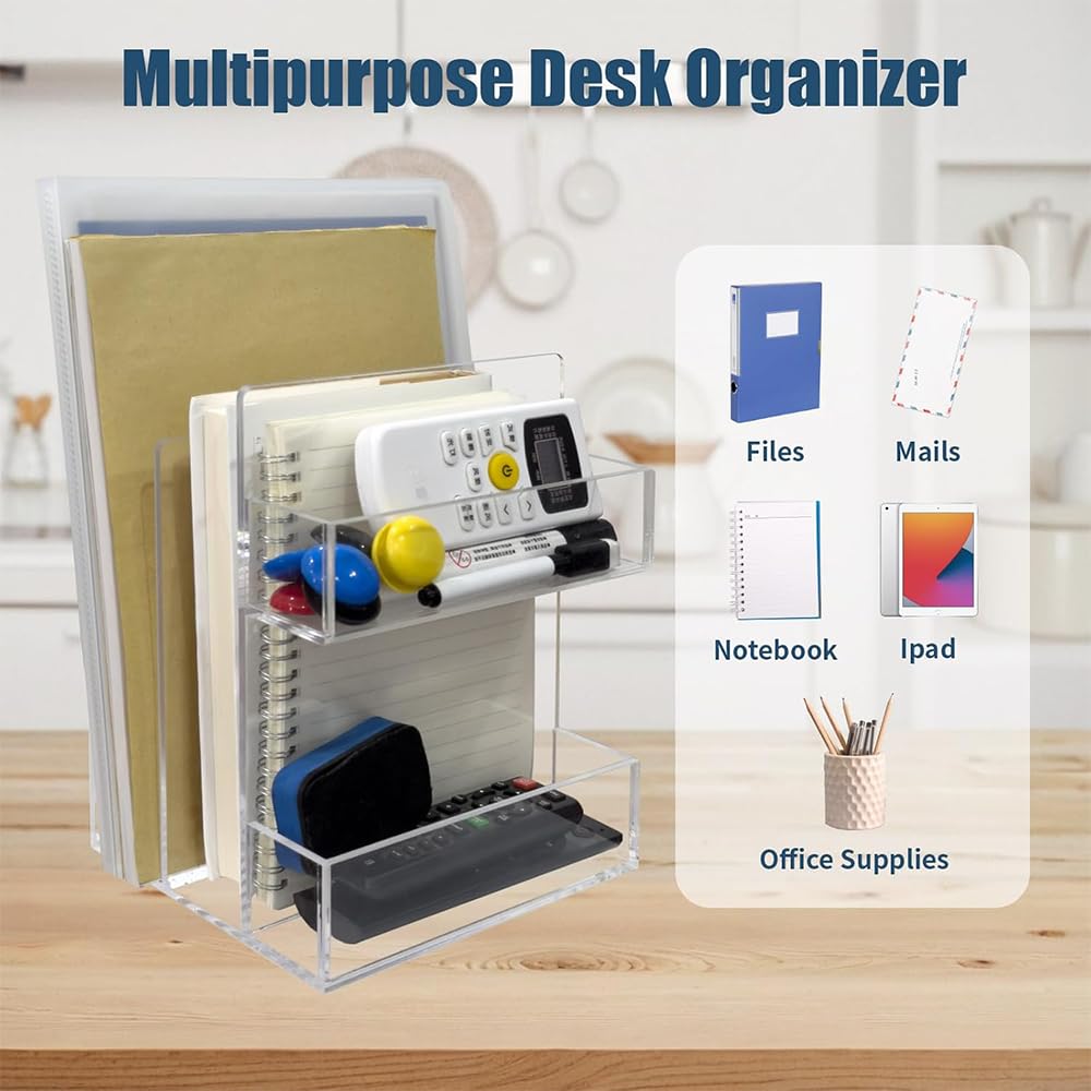 Acrylic Magazine and File Holder, Clear Desk Organizer for Mail and Folders, Modern and Sturdy Workspace Accessory and File Sorter for Office, Home, and Reception Areas