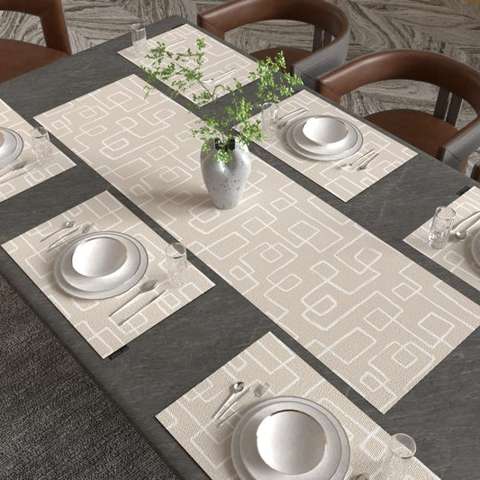 Haven 1 7-Piece Dining Set, includes 6 Durable Canvas Placemats (45x30 cm) and 1 Table Runner (35x140 cm), Beige & Blue, a Minimalist Design to Protect and Beautify your Table