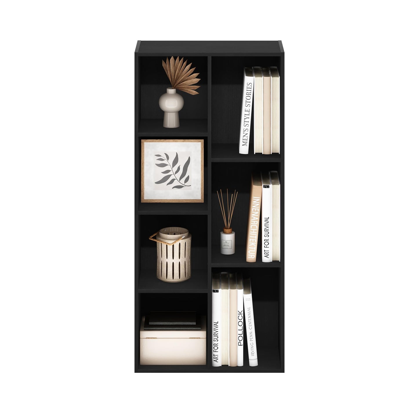5-Tier Narrow Vertical Wall Unit, Tall Column Floating Storage Organizer and Utility Shelf for Bedroom or Living Room, Space-Saving Design in a White Laminate Finish