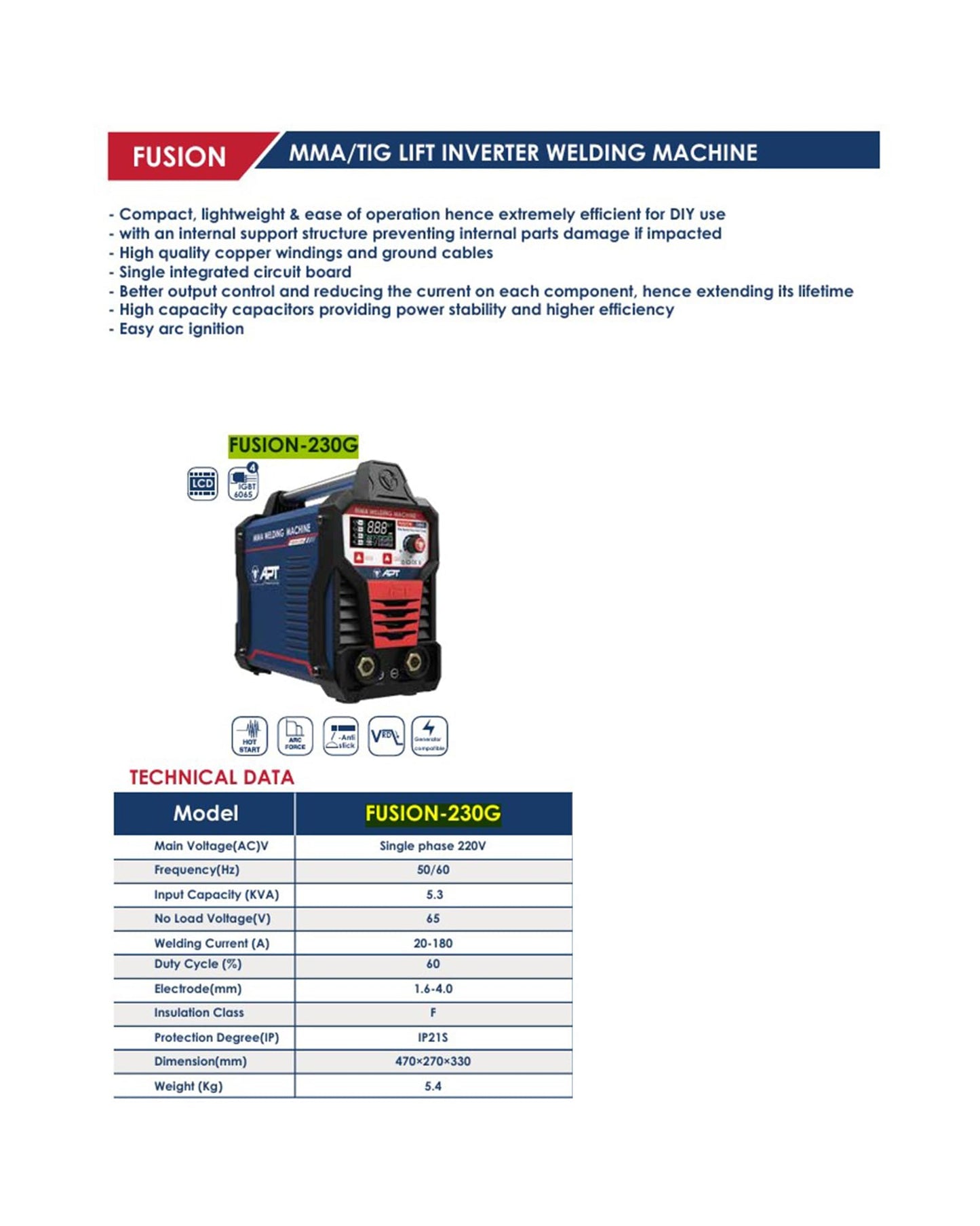 APT FUSION 230 MMA/TIG Welding Machine 180A Digital Inverter Welder with LCD Screen Generator Supported 220V/50-60Hz High Frequency ARC Stick Lift TIG Welder with Carry Case