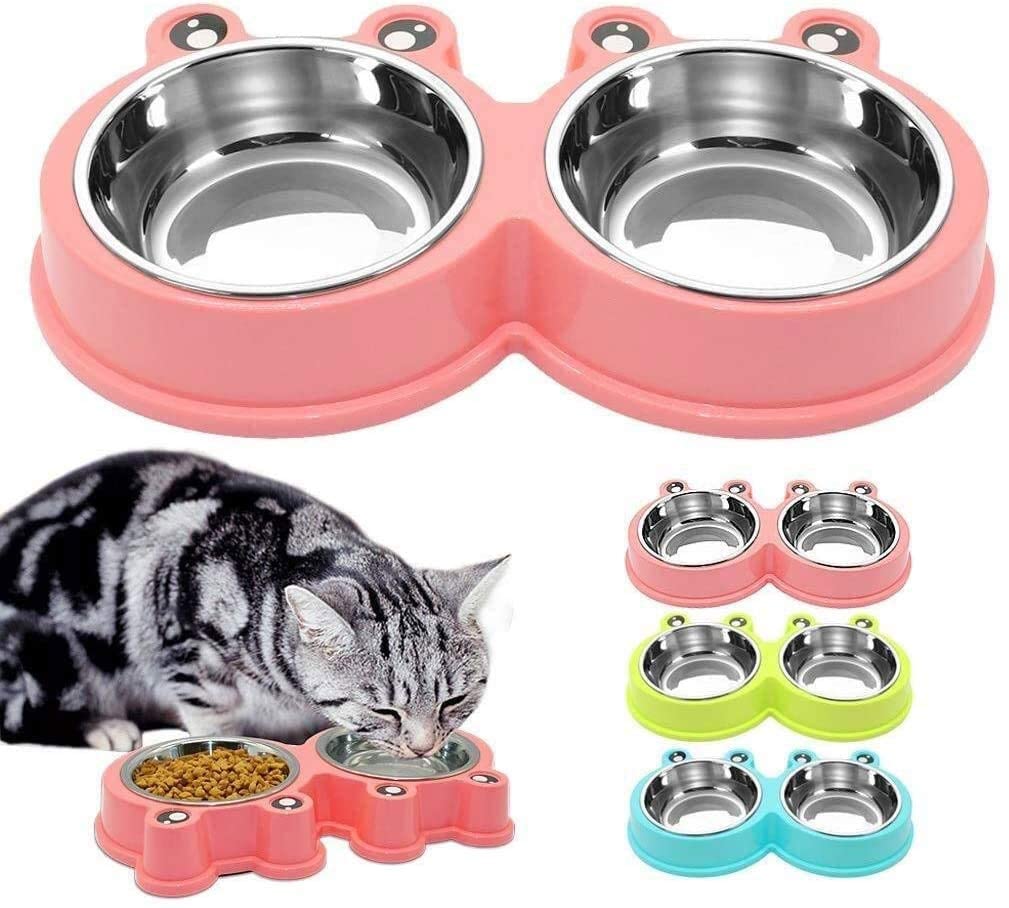 SHIZPHH Double Dog Cat Bowls Double Premium Stainless Steel Pet Bowls with Cute Modeling Pet Food Water Feeder Food Bowls (Color : Green)